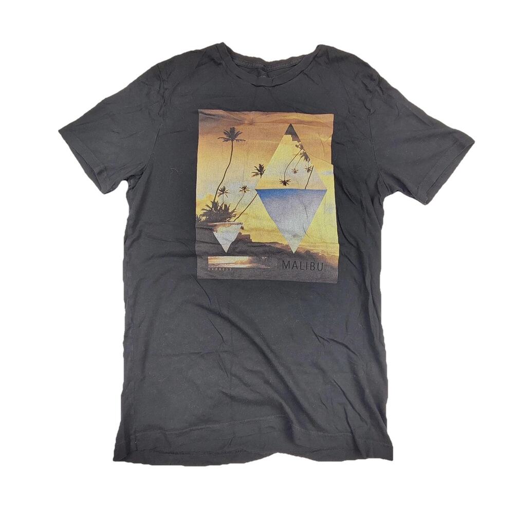 Express Shirt Mens Small Black Malibu Sunset Beach Graphic Tee Tagless Crew Neck